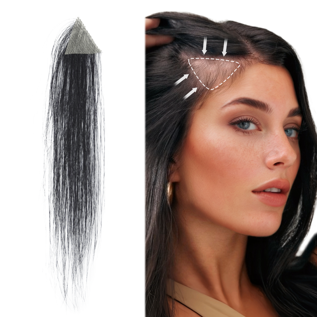 viviaBella human hair hairloss on temples bald spot toupee scar human hair replacement hairline straight Tape-on Triangle hair patch for men and women（2Pcs）