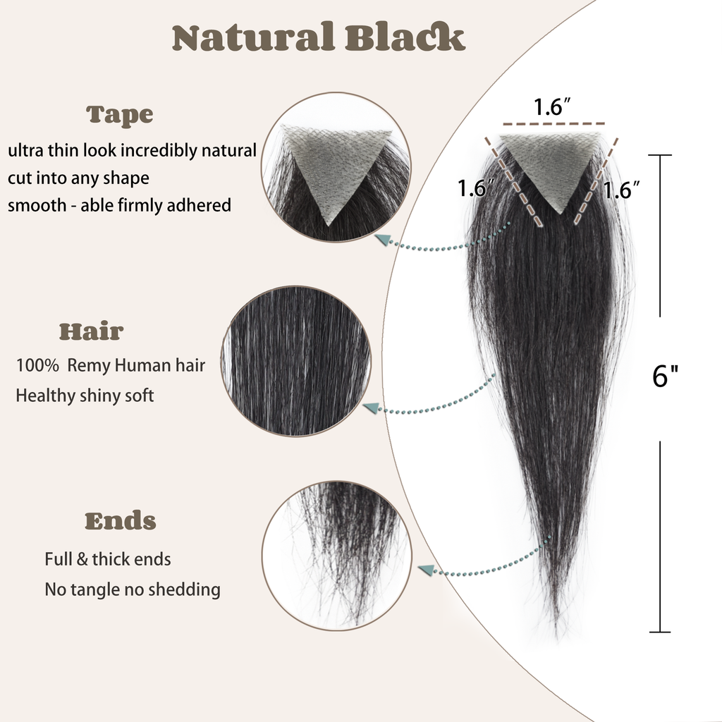 viviaBella human hair hairloss on temples bald spot toupee scar human hair replacement hairline straight Tape-on Triangle hair patch for men and women（2Pcs）