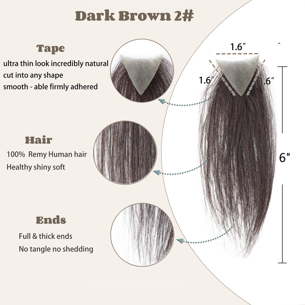 viviaBella human hair hairloss on temples bald spot toupee scar human hair replacement hairline straight Tape-on Triangle hair patch for men and women（2Pcs）