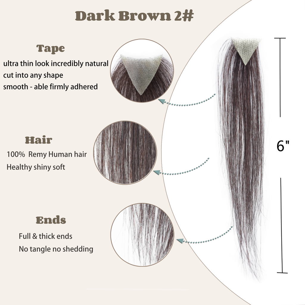 viviaBella human hair hairloss on temples bald spot toupee scar human hair replacement hairline straight Tape-on Triangle hair patch for men and women（2Pcs）