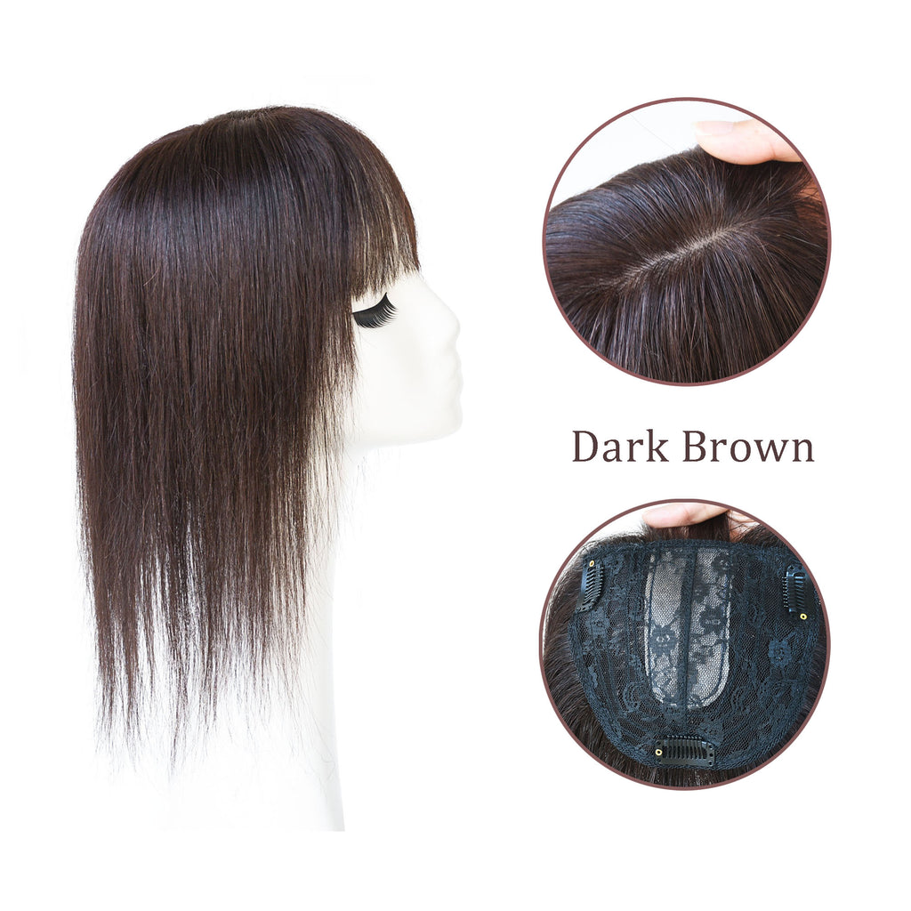 viviaBella Human Hair Topper - 2.7" x 3.9" Clip-In & Seamless Solution for Thinning Hair - Medium Chocolate Brown, 8 Inch Thick Silk Base for Women