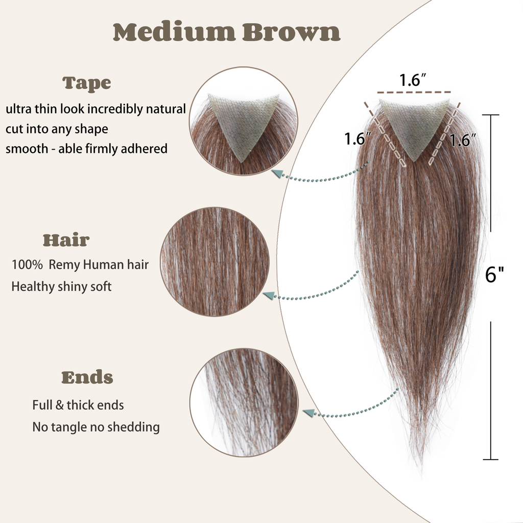 viviaBella human hair hairloss on temples bald spot toupee scar human hair replacement hairline straight Tape-on Triangle hair patch for men and women（2Pcs）