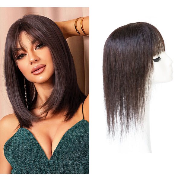 viviaBella Human Hair Topper - 2.7" x 3.9" Clip-In & Seamless Solution for Thinning Hair - Medium Chocolate Brown, 8 Inch Thick Silk Base for Women