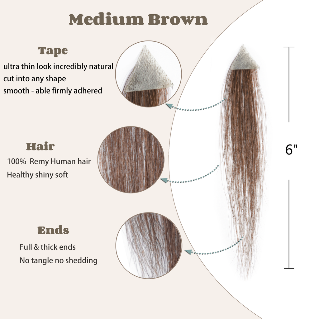 viviaBella human hair hairloss on temples bald spot toupee scar human hair replacement hairline straight Tape-on Triangle hair patch for men and women（2Pcs）