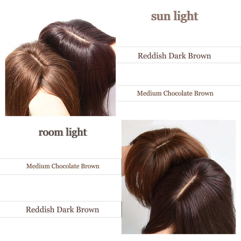viviaBella Human Hair Topper - 2.7" x 3.9" Clip-In & Seamless Solution for Thinning Hair - Medium Chocolate Brown, 8 Inch Thick Silk Base for Women