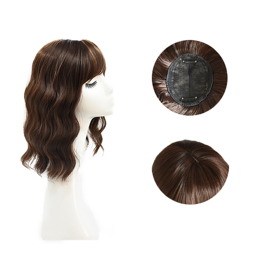 Viviabella Loose Water Wavy Hairpiece Clip in Fluffy Crown Topper With Choppy Bangs Synthetic Hair Toupee for Women Girls