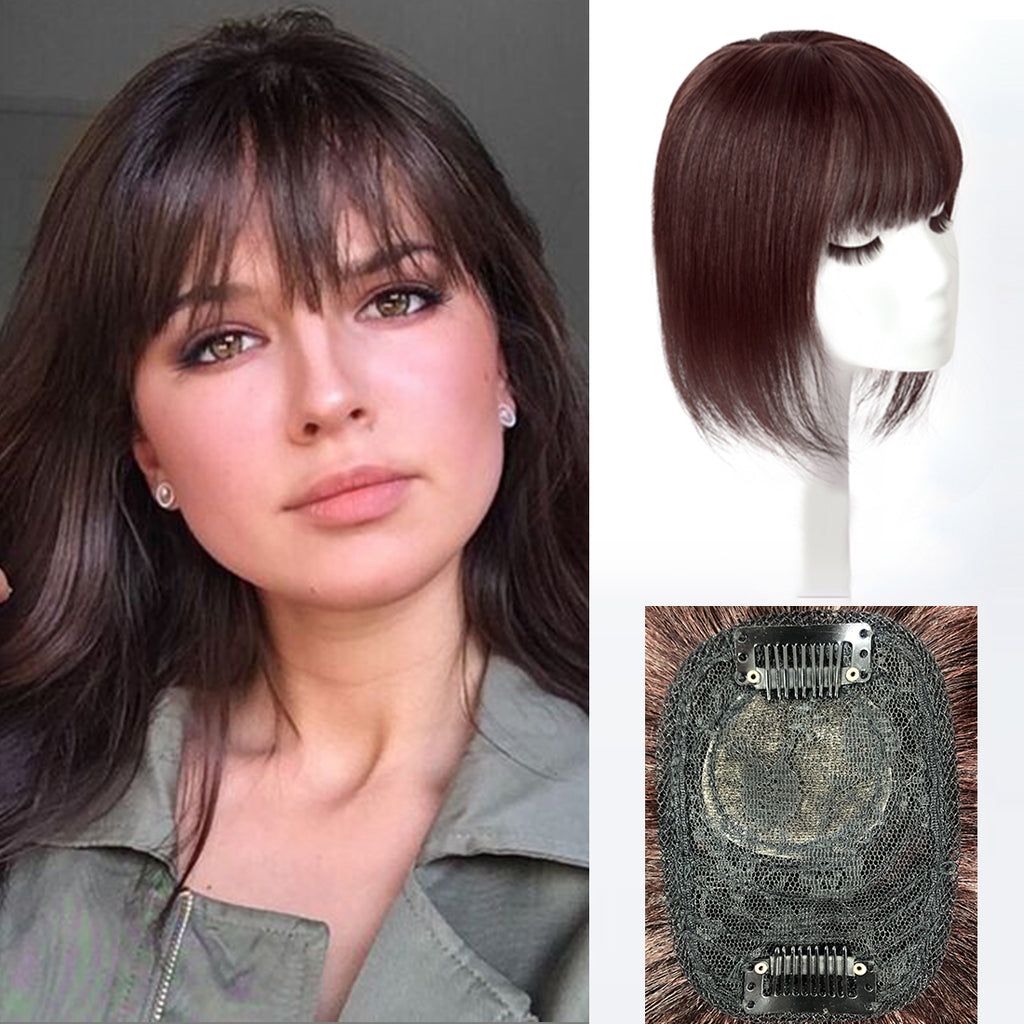 viviabella Hair Toppers for Women Clip in Human Hair Pieces With Bangs 8” 12” Silk Base Crown Top Toupee Fringe for Loss Thinning Hair Replacement Extensions for Straight Hair