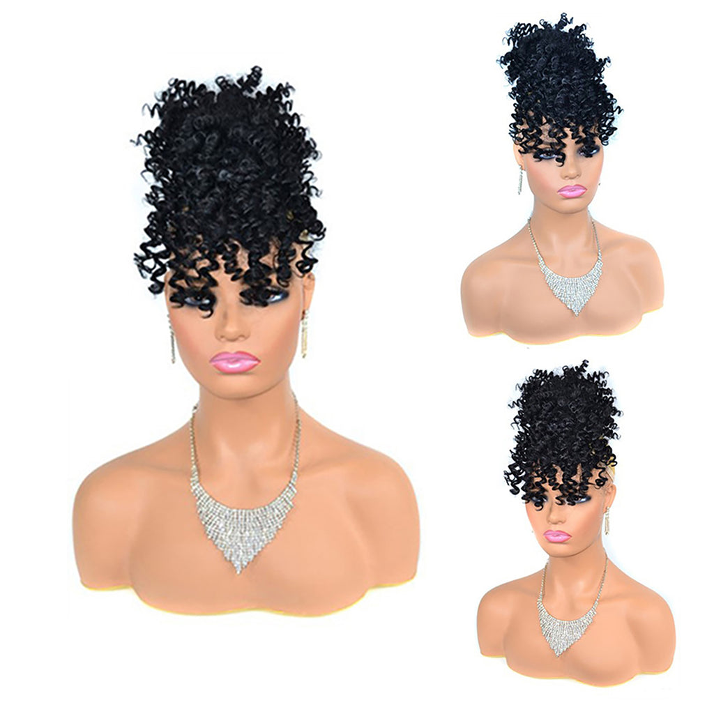 Afro High Puff Hair Bun Wig with Bangs Synthetic  Clip in on Wrap Updo Hair Extensions Afro Puff Drawstring Ponytail for Women