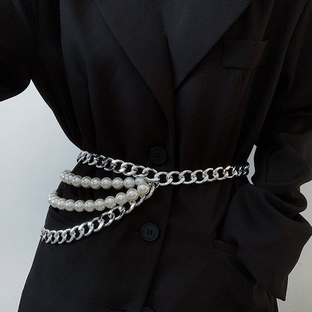 YaTeMix Pearl Waist Chain Matching Suit Shirt Dress for Women Girls Simulated Imitation Pearl Body Chain