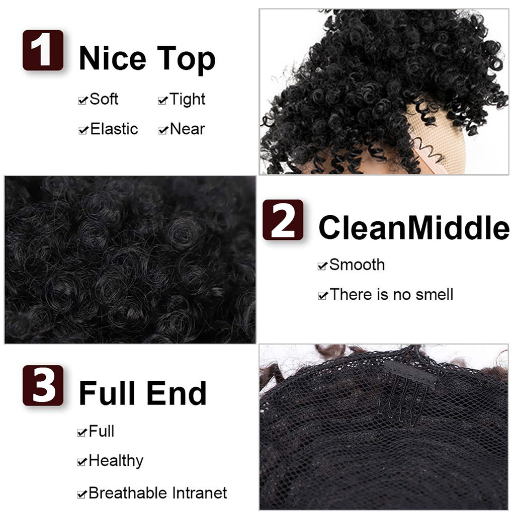 Afro High Puff Hair Bun Wig with Bangs Synthetic Clip in on Wrap Updo ...