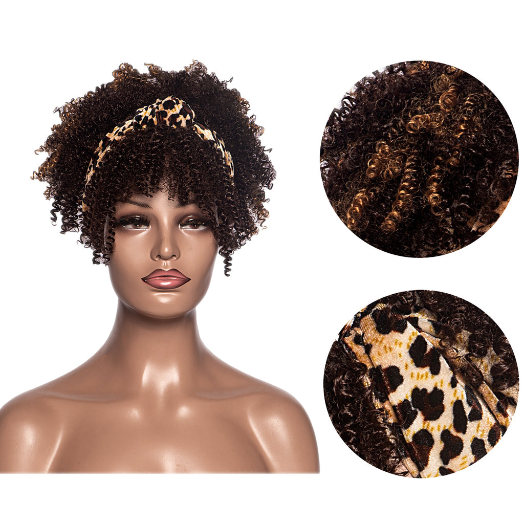 Afro Curly Headband Wigs 2 in 1 for Black Women,Synthetic Deep Wave Curly Hair Wigs with Blue Turban Curly Wave Drawstring Headband Wigs for Black Women