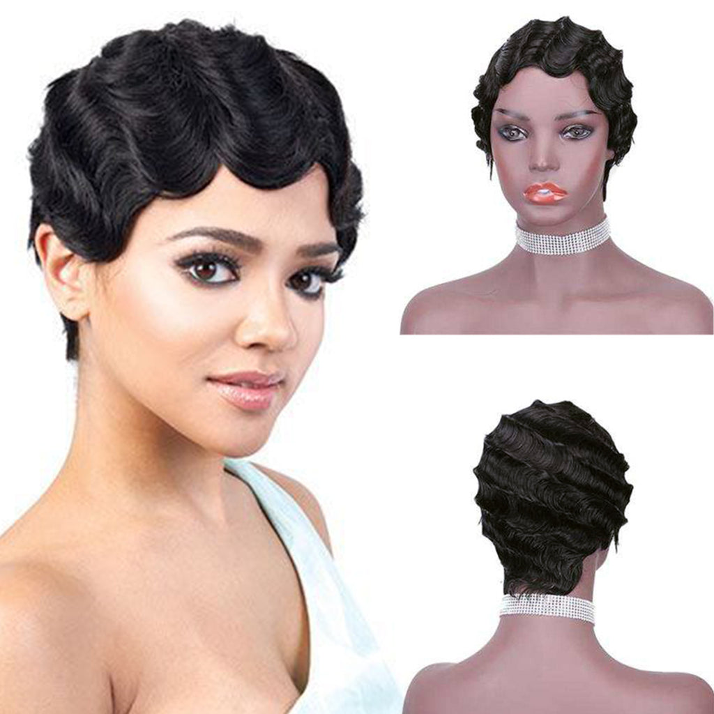 Viviabella Finger Wave Wig Human Hair wig Short Finger Wavy Wig Curly Black Cute Nuna Wig for black women Real Retro African Black Wigs for Women Mommy Wigs Curly Short Wig