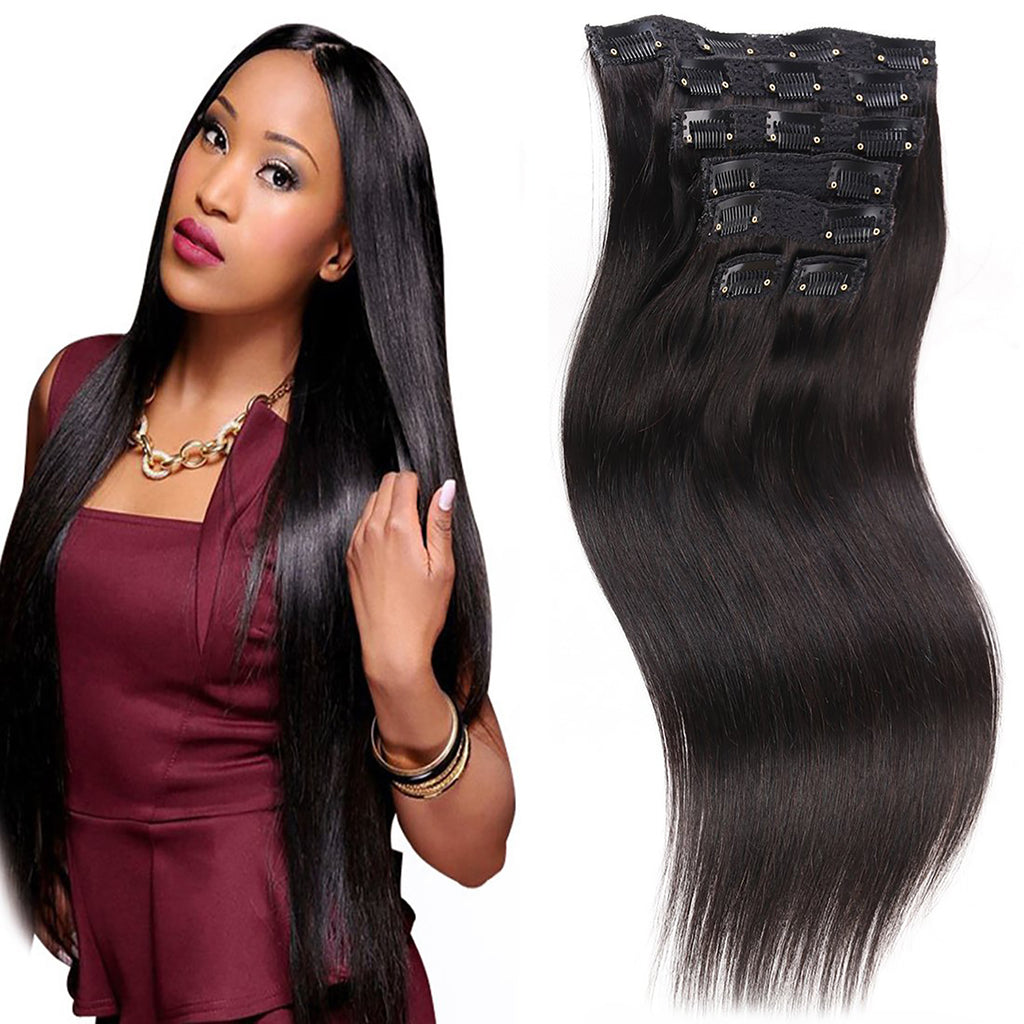 200 Gram 24" 26" Straight Clip in Hair Extensions Human Hair Brazilian Virgin Hair Double Weft Full Head Straight 7 Pieces/set