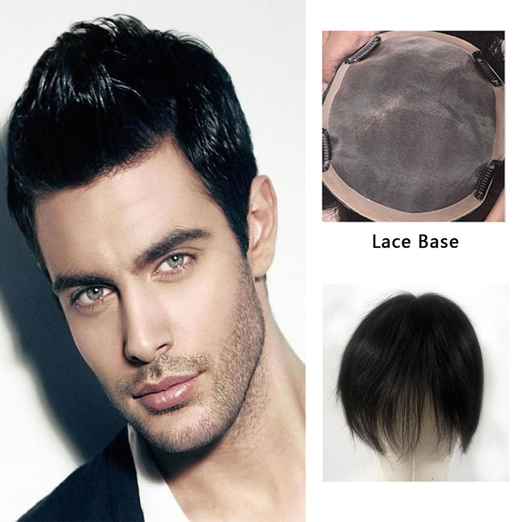 No trimming Hand Tied Lace Toupee Human Hair Extension Clip in Hairpieces Topper Top Hair Piece for Men with Hair Loss Natural Black