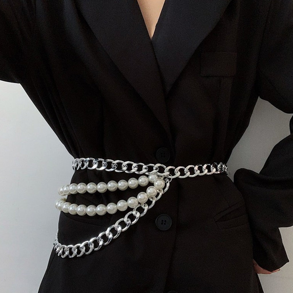 YaTeMix Pearl Waist Chain Matching Suit Shirt Dress for Women Girls Simulated Imitation Pearl Body Chain