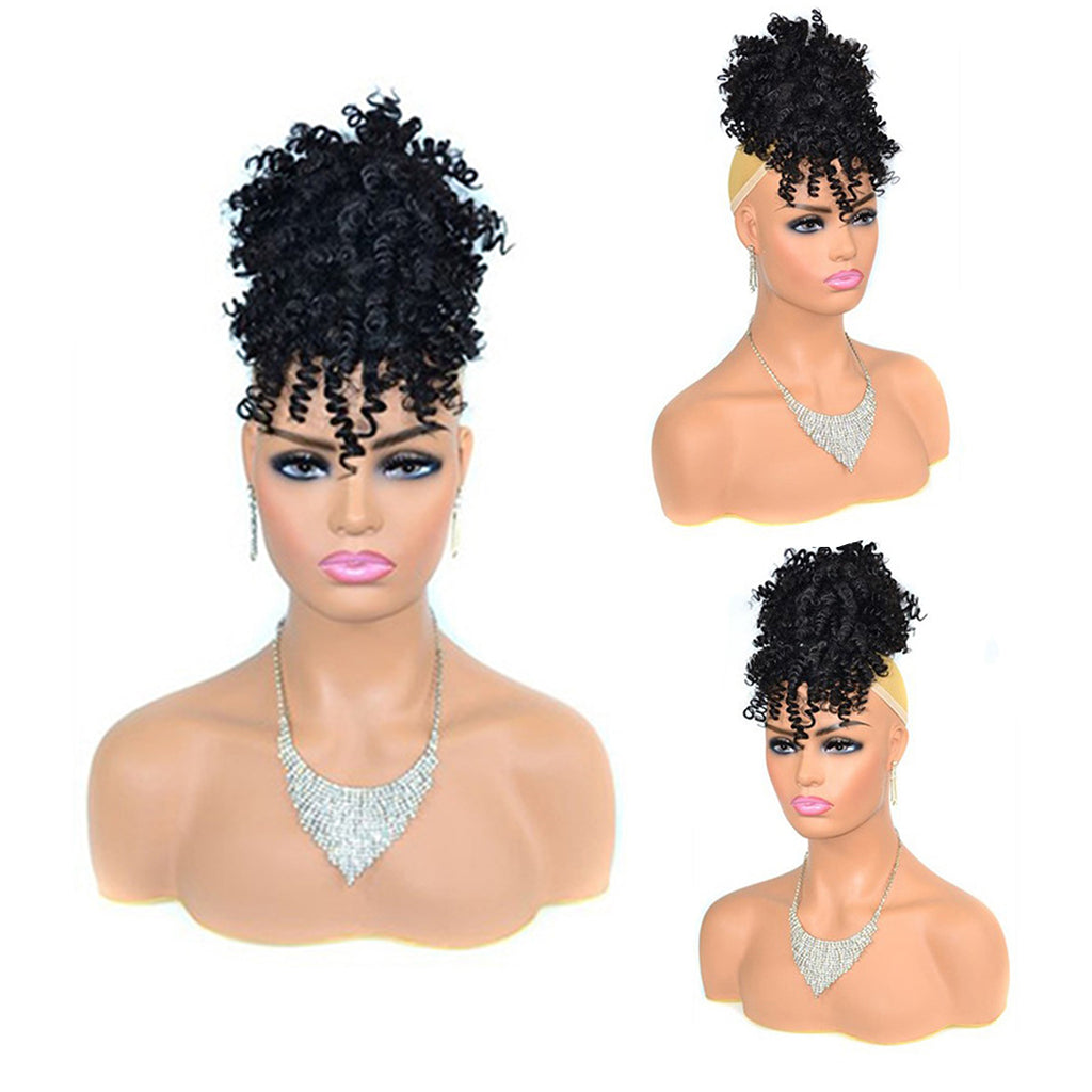 Afro High Puff Hair Bun Wig with Bangs Synthetic  Clip in on Wrap Updo Hair Extensions Afro Puff Drawstring Ponytail for Women