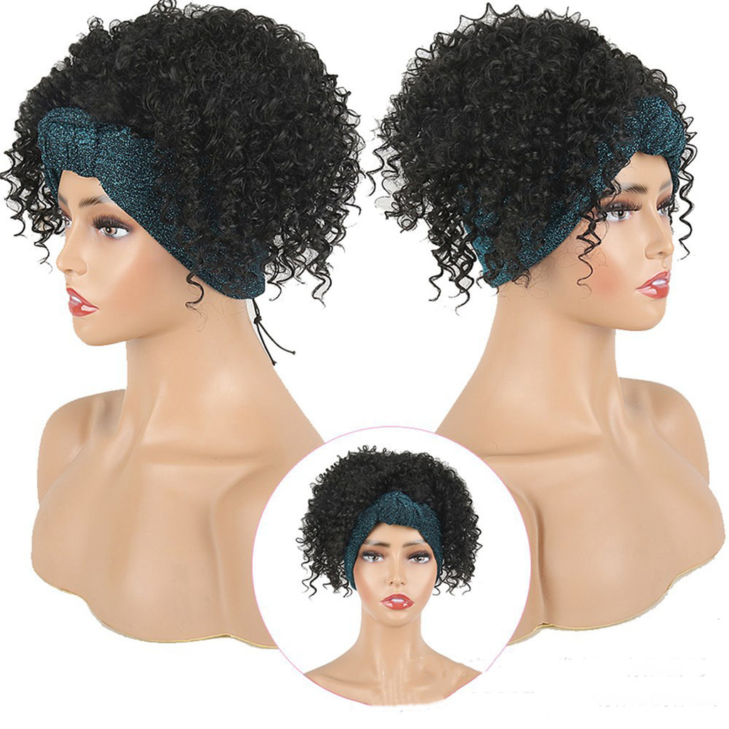 Afro Curly Headband Wigs 2 in 1 for Black Women,Synthetic Deep Wave Curly Hair Wigs with Turban Curly Wave Drawstring Headband Wigs for Black Women