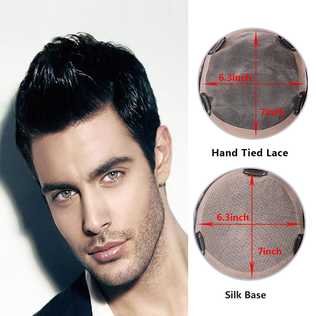 No trimming Hand Tied Lace Toupee Human Hair Extension Clip in Hairpieces Topper Top Hair Piece for Men with Hair Loss Natural Black