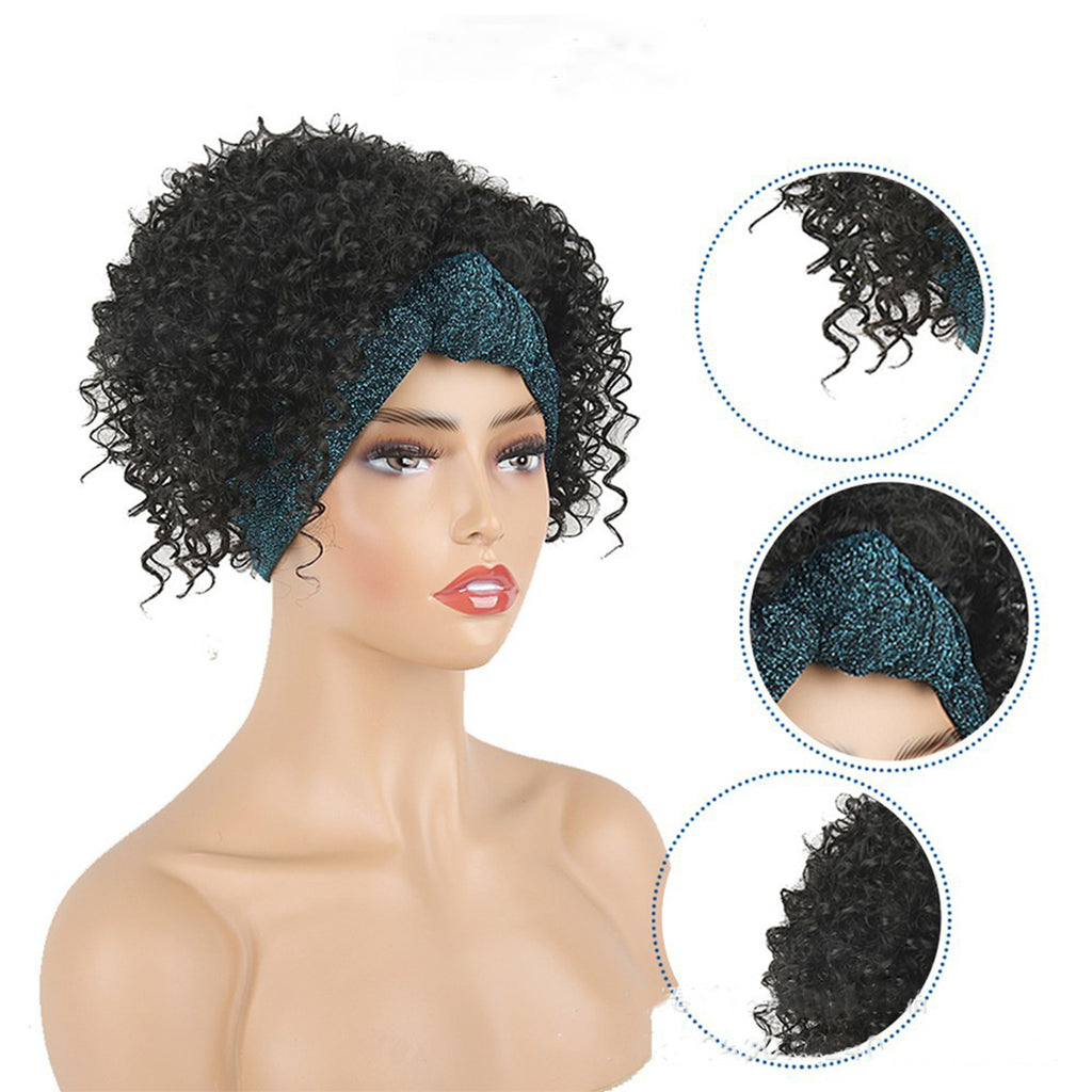 Afro Curly Headband Wigs 2 in 1 for Black Women,Synthetic Deep Wave Curly Hair Wigs with Turban Curly Wave Drawstring Headband Wigs for Black Women