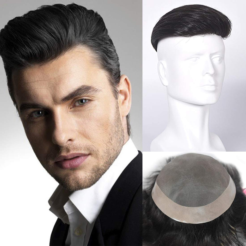 viviaBella Human Hair Patch Hand Tied LaceToupee Human Hair Extension Men Wig To Cover Baldness Attach Easily With Glue or Tape