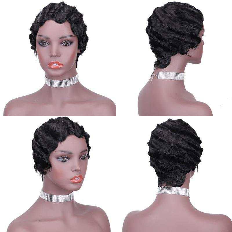 Viviabella Finger Wave Wig Human Hair wig Short Finger Wavy Wig Curly Black Cute Nuna Wig for black women Real Retro African Black Wigs for Women Mommy Wigs Curly Short Wig