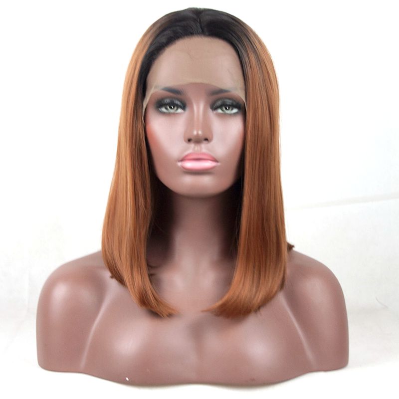 14" Ombre Bob Wig Lace Front Black to Brown and Black to Gray Heat Resistant Fiber