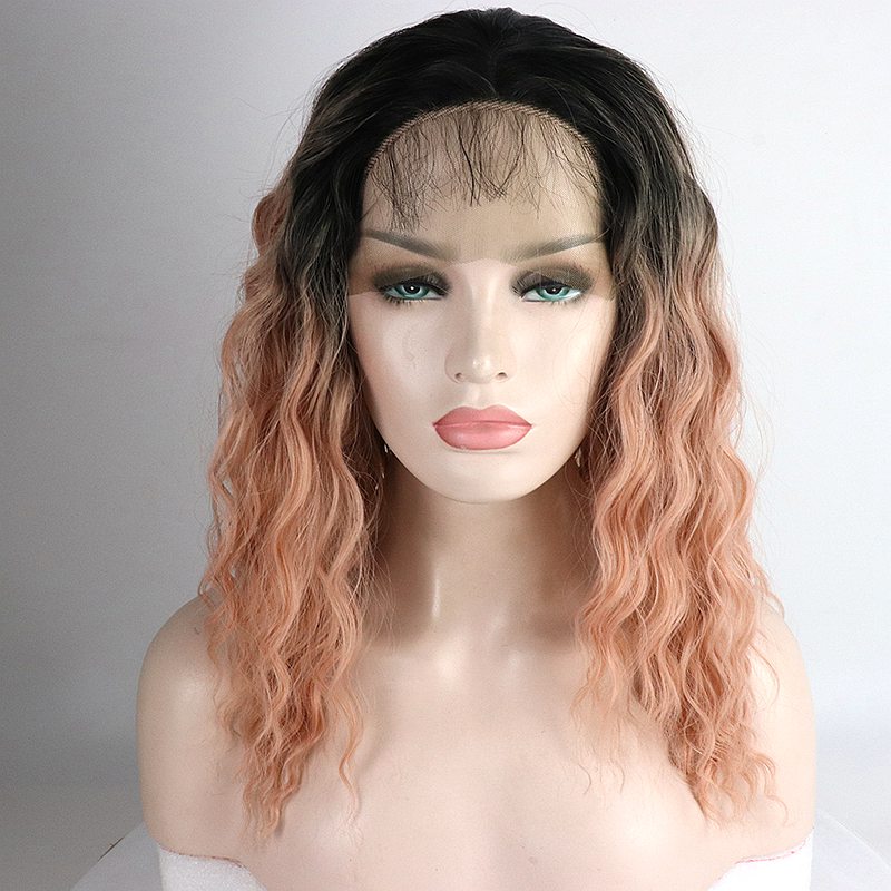 16" Water Wave Wigs Lace Front Synthetic Hair Wigs Black to Gray Color Black to Pink 260g Heat Resistant Fiber Hair Natural Look