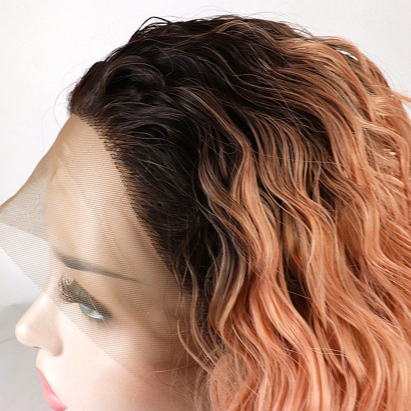 22" Water Wave Synthetic Heat Resistant Fiber Wig Orange Red Color Black to Pink Lace Front Natural Look