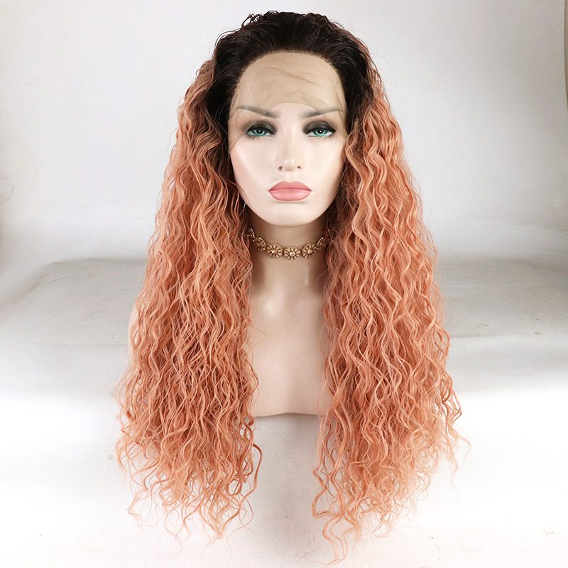 22" Water Wave Synthetic Heat Resistant Fiber Wig Orange Red Color Black to Pink Lace Front Natural Look