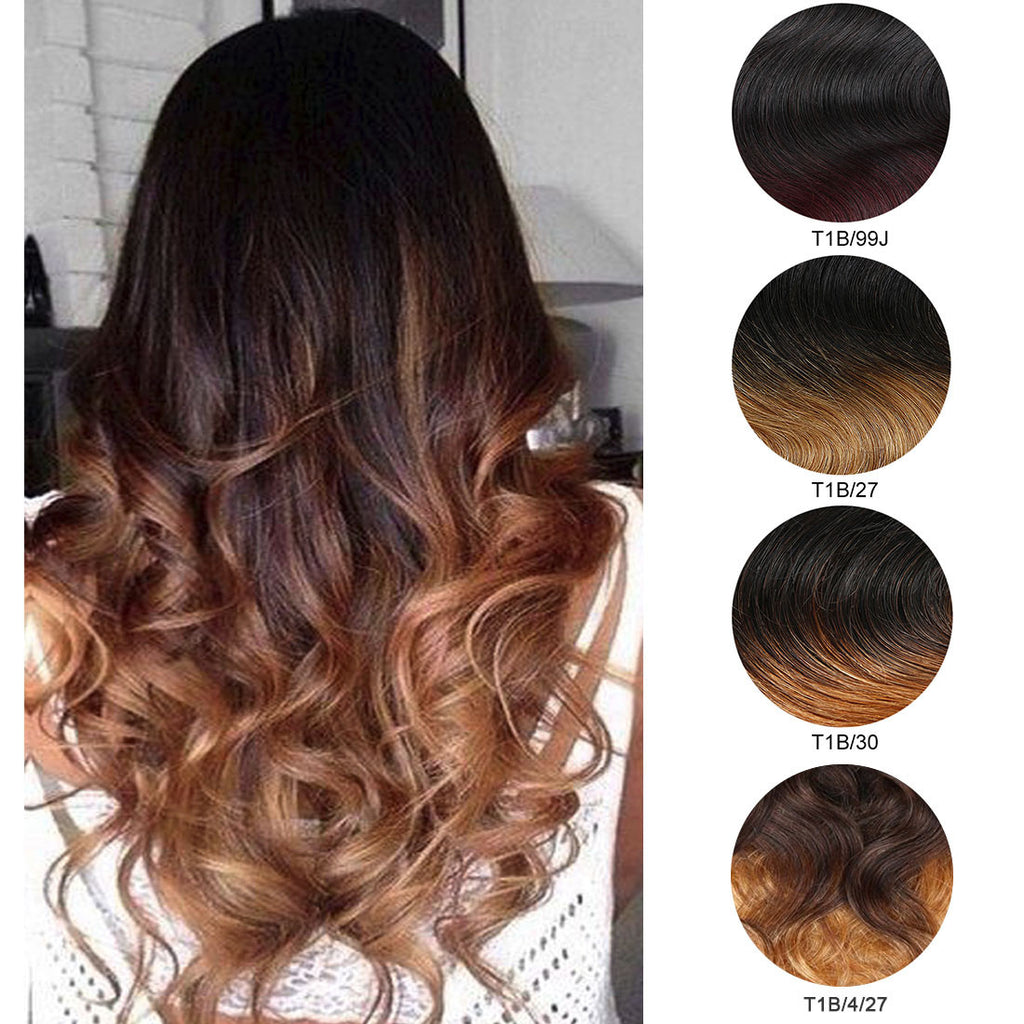 Ombre Black to Brown with Honey Blonde Clip-in Body Wavy Virgin Human Hair Extension